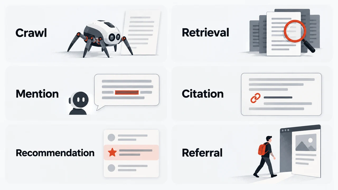 Six separate panels labelled Crawl, Retrieval, Mention, Citation, Recommendation and Referral illustrate different AI-visibility observations.