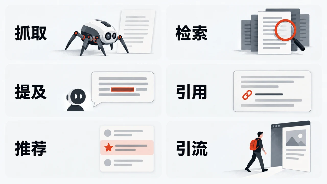 六个独立图格分别标有「抓取」、「检索」、「提及」、「引用」、「推荐」和「引流」,呈现不同的 AI 可见度观察。