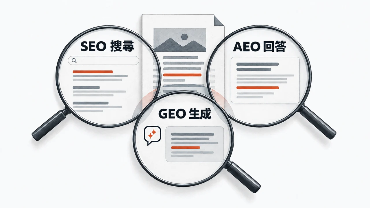 三個標示「SEO 搜尋」、「AEO 回答」及「GEO 生成」的重疊放大鏡,從搜尋、直接回答及生成答案三個角度檢視同一個來源頁面。