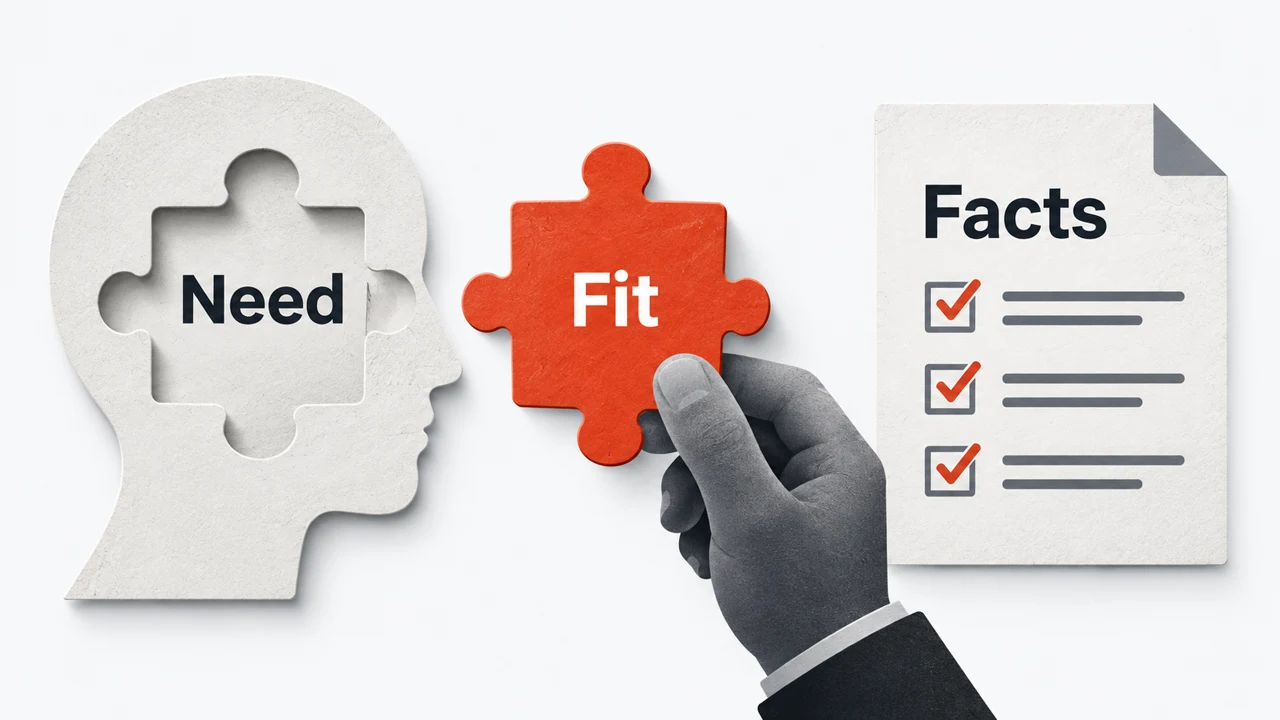 A product-fit puzzle piece is compared with a buyer need beside a document of supporting facts.