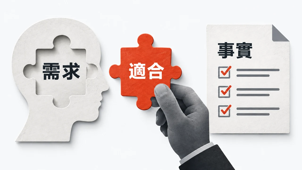 一塊標示「適合」的產品拼圖，與買家「需求」比較，旁邊是一份「事實」佐證文件。